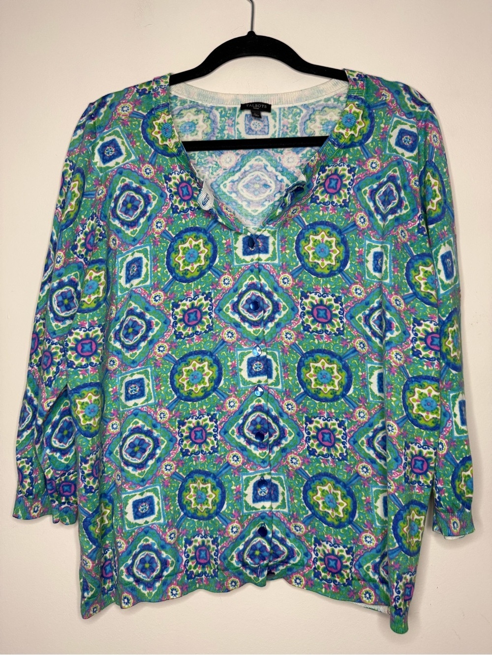 TALBOTS Soft Geometric Printed Blue Lightweight Layering Boho Cardigan